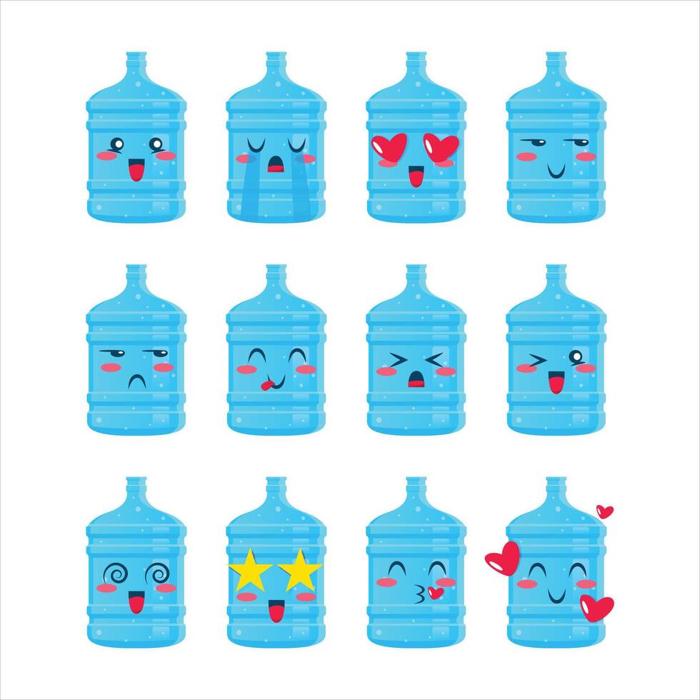 einstellen Emojis Mineral Wasser Flasche Symbole. Sammlung von Plastik Fass Emoticons im Karikatur Stil isoliert auf Weiß Hintergrund, Vektor Illustration