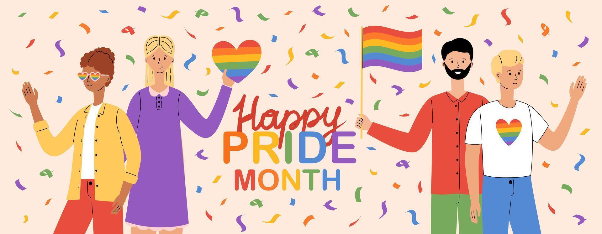 Lycklig stolthet månad baner. HBTQ gemenskap. annorlunda människor håll regnbåge flagga och hjärta. homosexuella, lesbiska, transsexuella och bisexuell stolthet parad. lgbtq stolthet. vektor illustration i platt stil