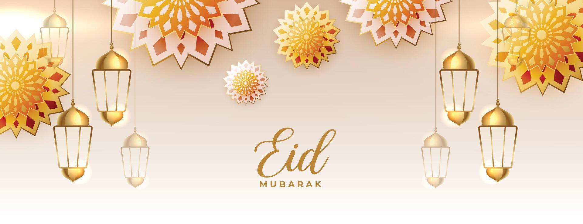 realistisch eid Mubarak Festival Banner mit hängend Laternen vektor