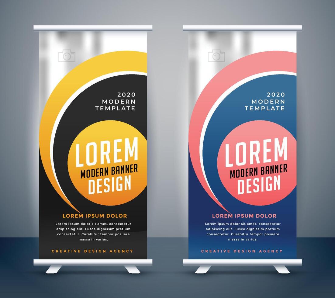 modern rollen oben standee Banner im modisch Formen und Farben vektor