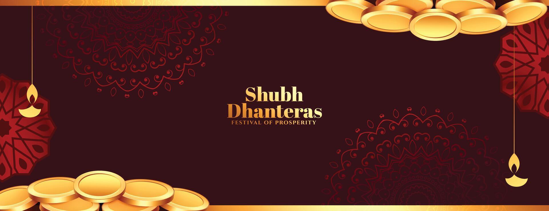 härlig shubh dhanteras religiös baner med gyllene mynt design vektor