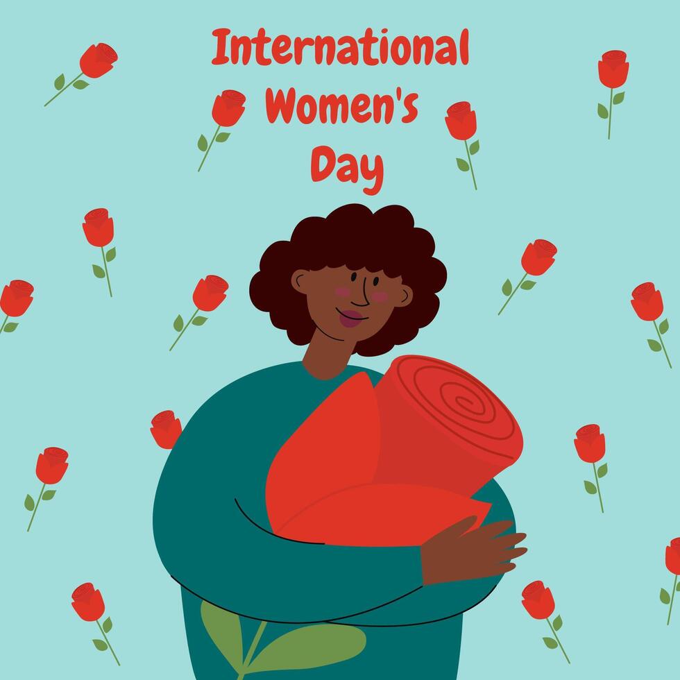 mörk hud kvinna håll en röd reste sig. internationell kvinnors dag. Mars 8. Begagnade för hälsning kort, och affisch design. vektor