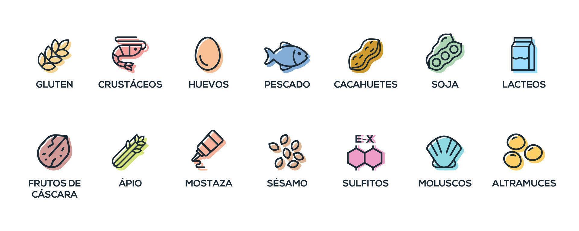 enkel isolerat vektor logotyp uppsättning bricka ingrediens varning märka. färgrik allergener ikoner. mat intolerans. de 14 allergener nödvändig till deklarera skriven i spanska