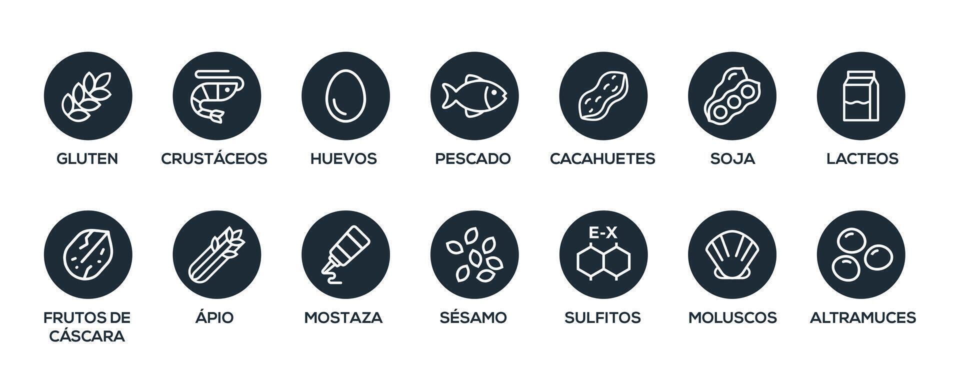 isolerat vektor logotyp uppsättning bricka ingrediens varning märka. svart och vit allergener ikoner. mat intolerans. de 14 allergener nödvändig till deklarera skriven i spanska