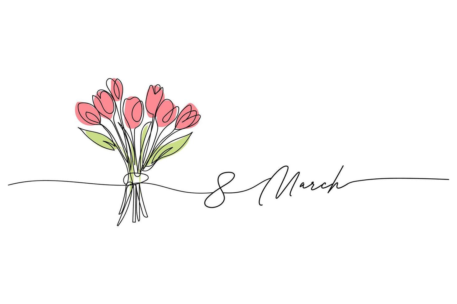 März 8, Damen Tag, Tulpe Blume Strauß Tulpe Linie Kunst Zeichnung, einer kontinuierlich Linie Zeichnung und Text. zum Gruß Karte Design vektor