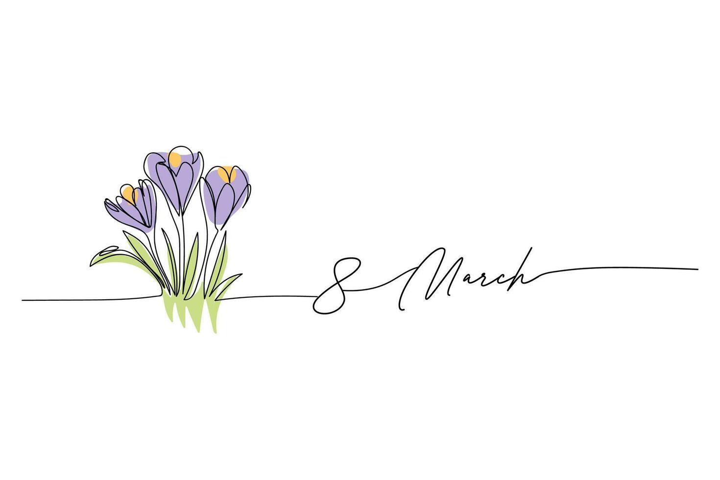 Mars 8, kvinnors dag, bukett av blommor krokusar linje konst teckning, ett kontinuerlig linje teckning och text. för hälsning kort design vektor