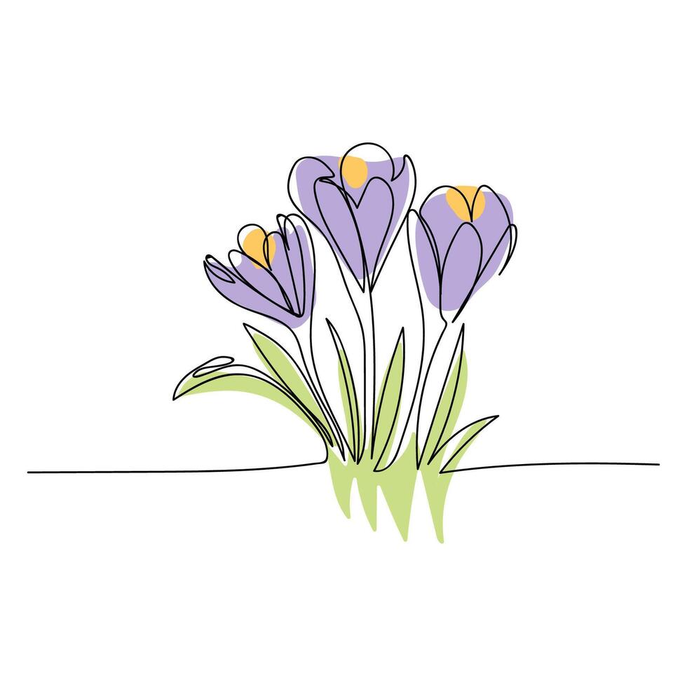 Linie Kunst, Strauß von Blumen Krokus Frühling und Sommer, Zeichnung mit einer Linie. Vektor Illustration Weiß Hintergrund