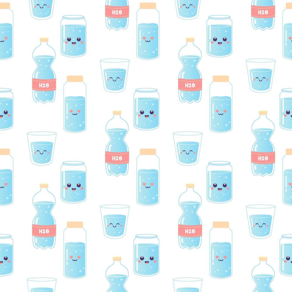 vatten sömlös mönster, soda, dryck, flaska, burk, h2O vektor illustration