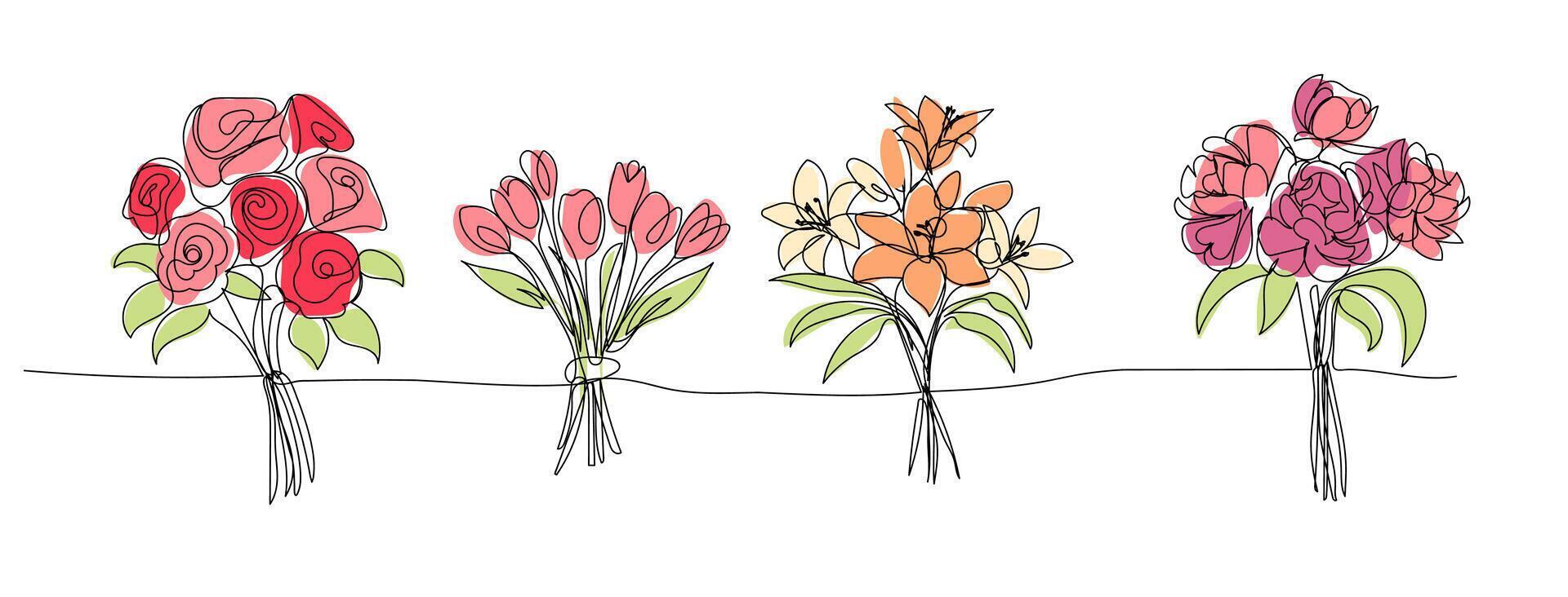 Linie Kunst, Strauß von Blumen Rosen, Tulpen, Lilien, Pfingstrosen Frühling und Sommer, Zeichnung mit einer Linie. Vektor Illustration Weiß Hintergrund