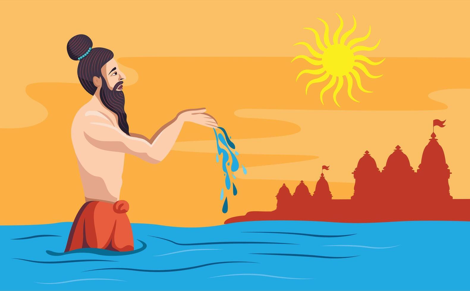 spirituell Guru Sadhu beten im Fluss geben Argya vektor