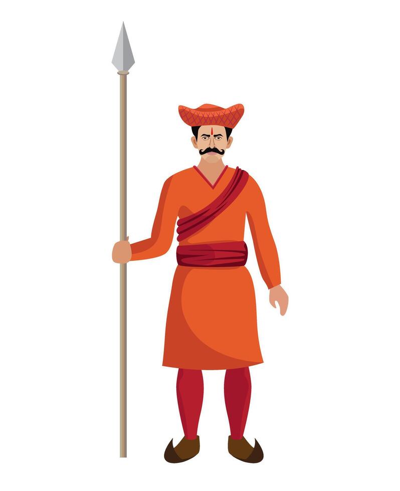 indisk hindu maratha traditionell soldat, krigare stående med spjut vektor