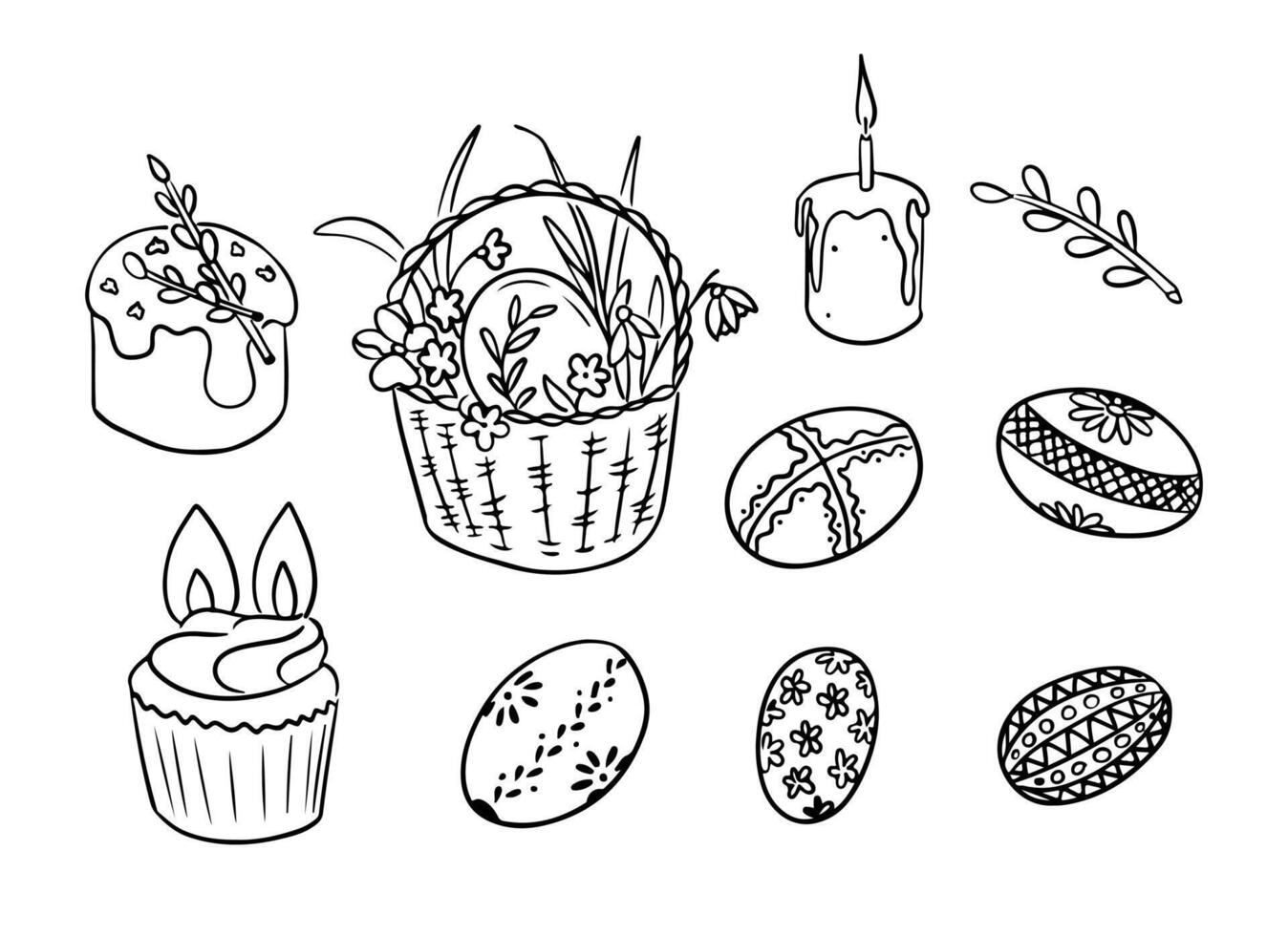 Kontur Hand gezeichnet Gekritzel Ostern Satz. Ostern Eier und Süss Lebensmittel. Kontur skizzenhaft Ostern Kuchen, Cupcake und Korb mit Ei auf Weiß Hintergrund. Ideal zum Färbung Seiten, Tätowierung, Muster vektor