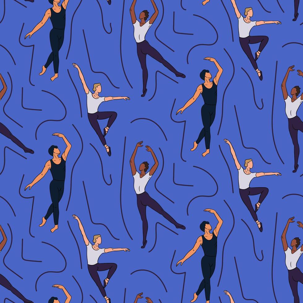 nahtlos Muster mit Männer Tanzen Ballett auf Blau Hintergrund. künstlerisch Konzept. eben Hand gezeichnet männlich Silhouetten. modisch drucken Design zum Textil, Hintergrund, Verpackung vektor