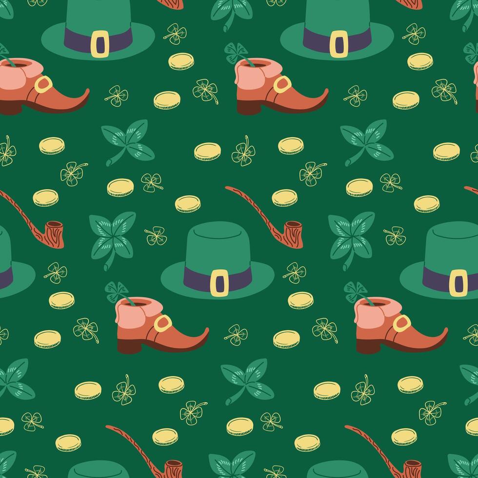 Grün irisch Urlaub nahtlos Muster. st Patricks Tag traditionell Konzept. eben Hand gezeichnet Kobold Artikel, Nelken und Münzen auf Grün Hintergrund. einzigartig drucken Design zum Textil, Hintergrund, Verpackung vektor