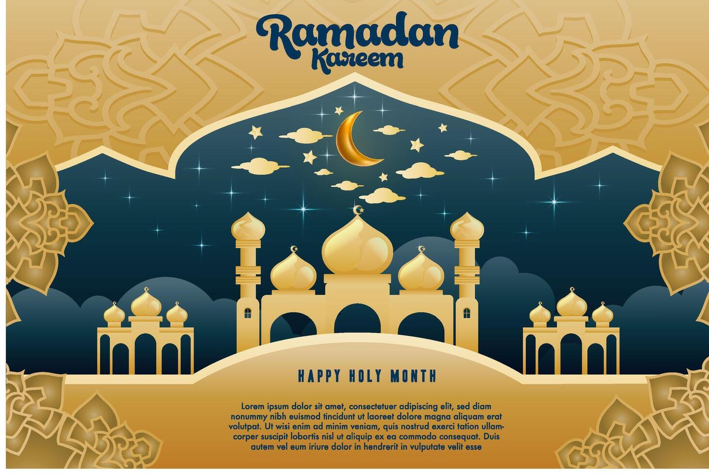 elegant Glanz Hintergrund und Poster Ramadan kareem mit Gradient Stil und realistisch Symbol vektor