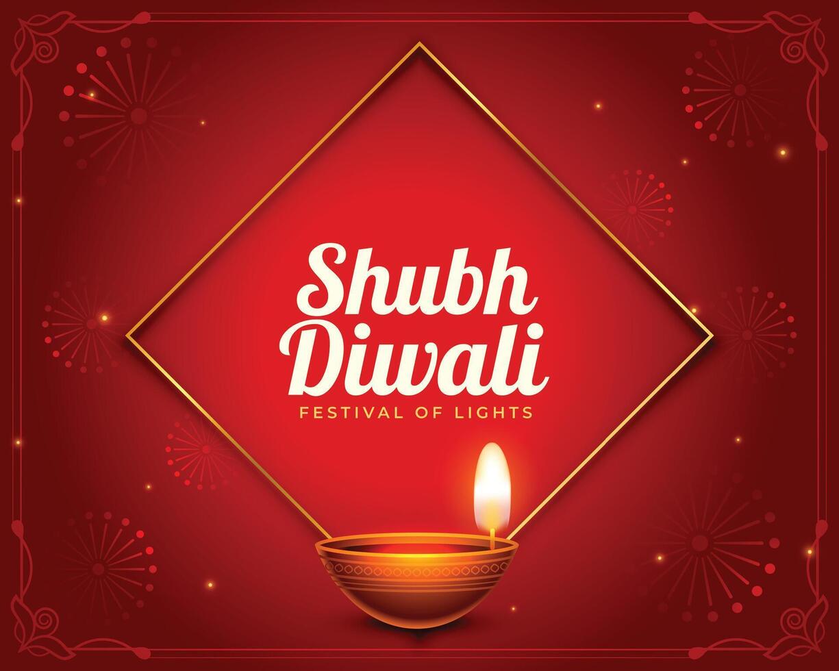 indisk festival shubh diwali röd bakgrund med olja lampa vektor