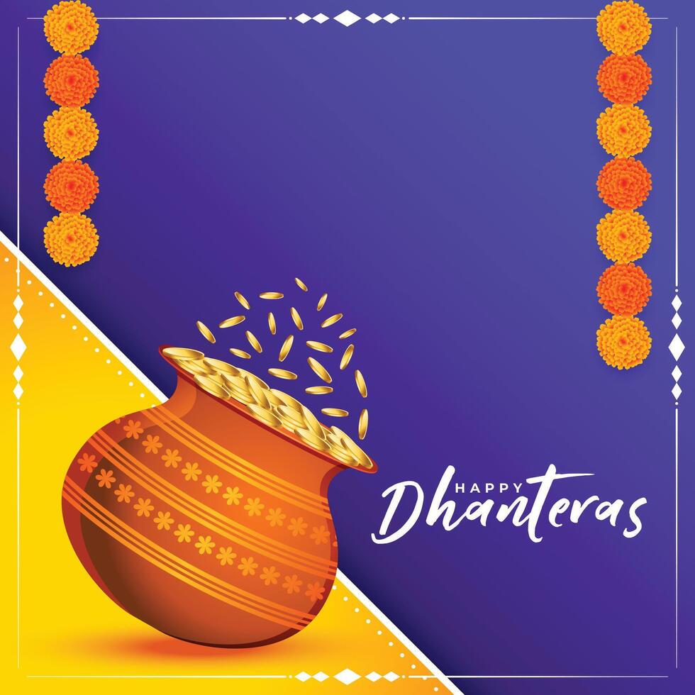 glücklich Dhanteras Gruß Karte mit golden Münze Kalasha und Blume Dekoration vektor