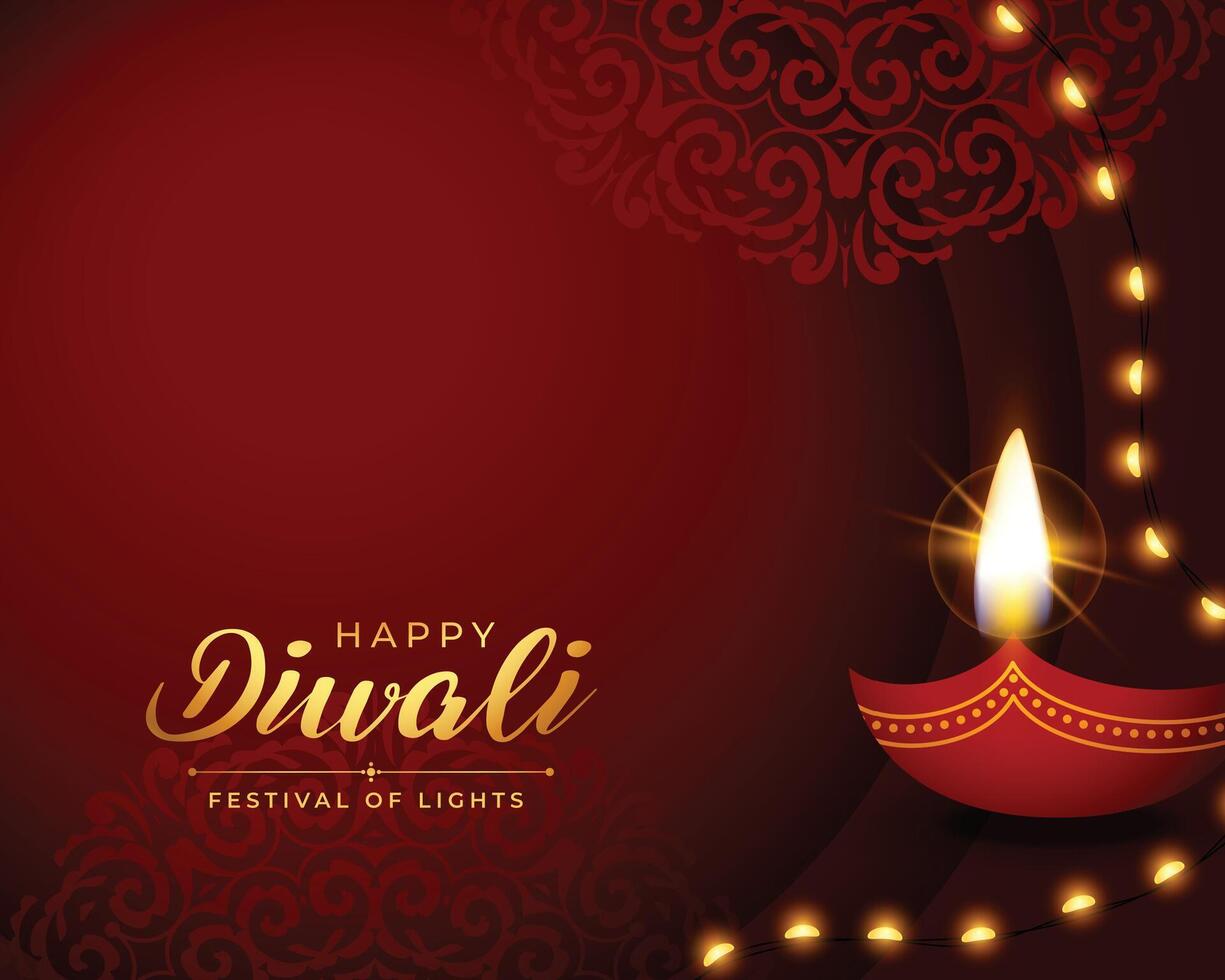 Lycklig diwali röd bakgrund med brinnande diya och ljus girland vektor