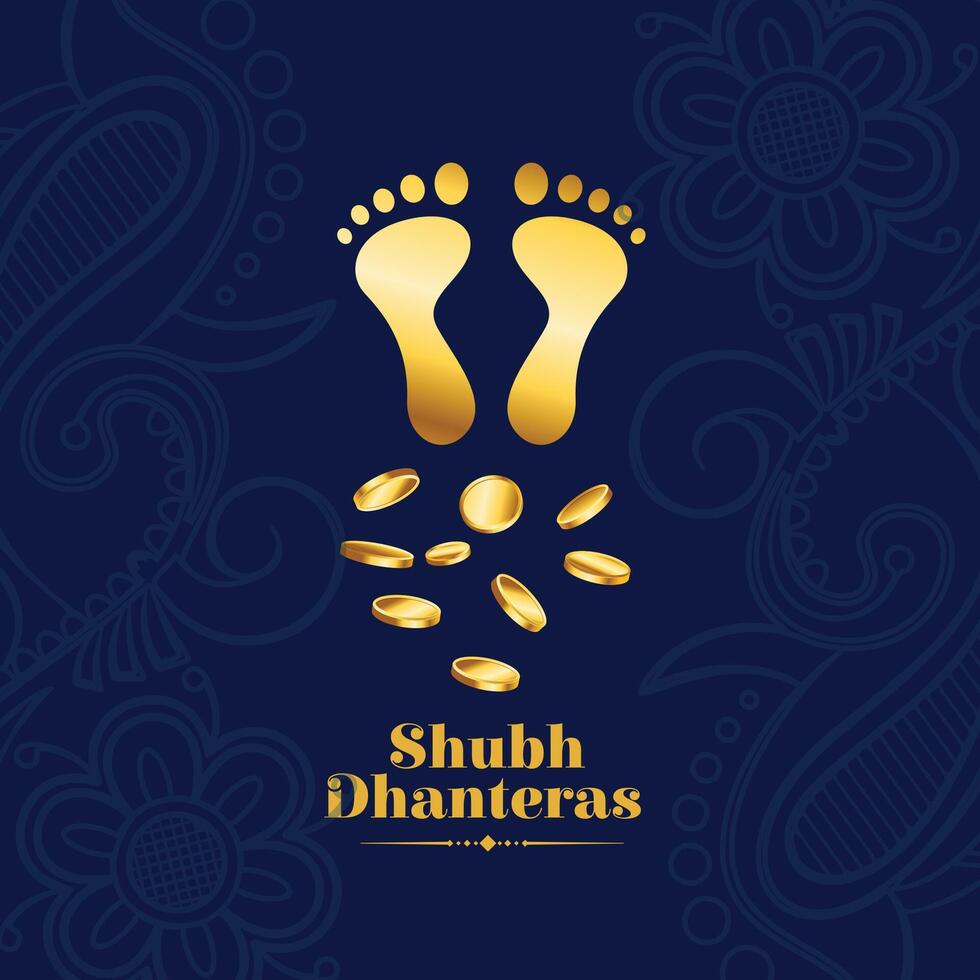 indisch kulturell shubh Dhanteras wünscht sich Karte mit golden Göttin Charan und Münze vektor