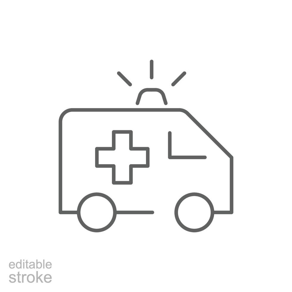 ambulans ikon. enkel översikt stil. nödsituation, först rädda bil, skåpbil, sjukvårdare, medicinsk, siren, lastbil, transport begrepp. tunn linje symbol. vektor illustration isolerat. redigerbar stroke.