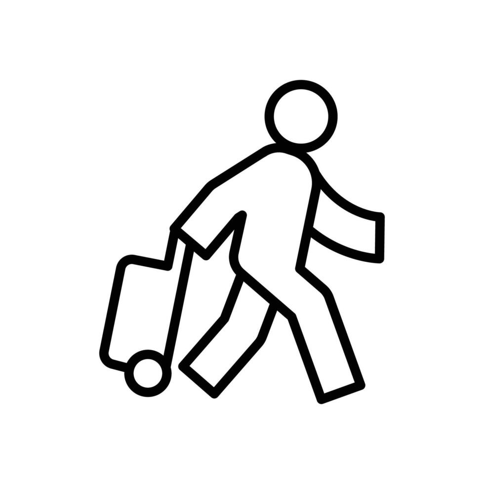 resande man ikon. enkel översikt stil. passagerare dragande rullande väska, företag resa, semester, turism begrepp. tunn linje symbol. vektor illustration isolerat.