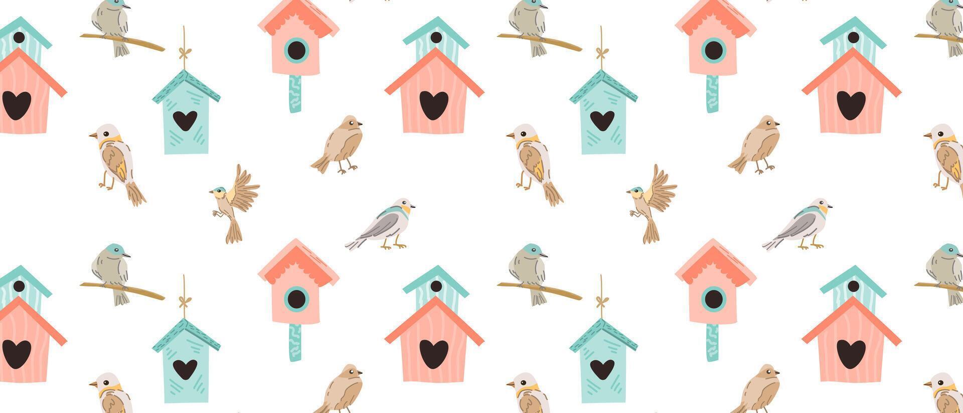 Hand gezeichnet Frühling Vögel und Vogelhaus Muster mit Blumen- Elemente und Vögel. Vektor Illustration isoliert. können benutzt zum Verpackung Papier, Textil, Kleidung. Gruß Karte, Tapeten.