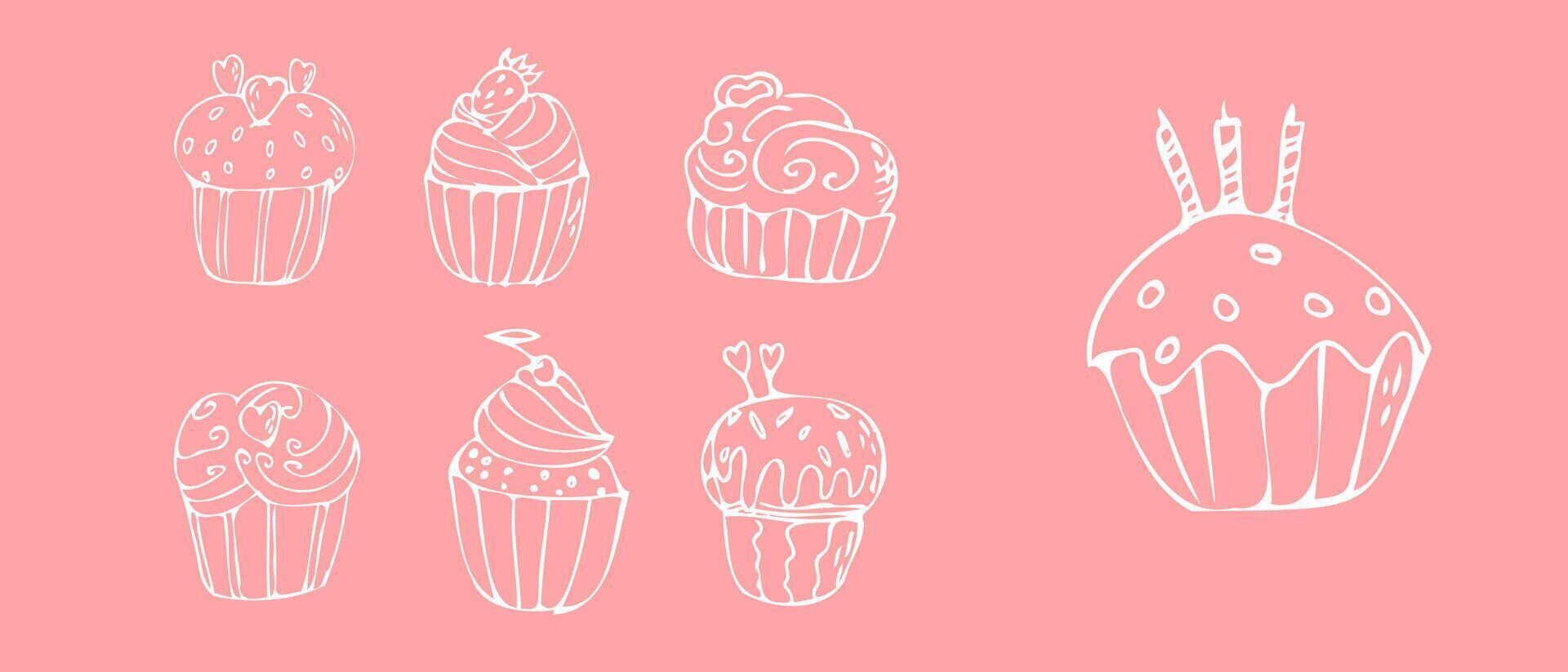 Gekritzel Cupcakes mit Sahne - - Süss Essen auf Rosa Hintergrund. Vektor Illustration können benutzt zum Bäckerei Hintergrund, Einladung Karte, Poster, Textil, Banner, Gruß Karte, Einladung Karte, Bäckerei Design