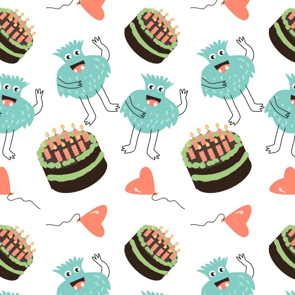 süß Monster- Kuchen und Ballon Geburtstag nahtlos Muster vektor