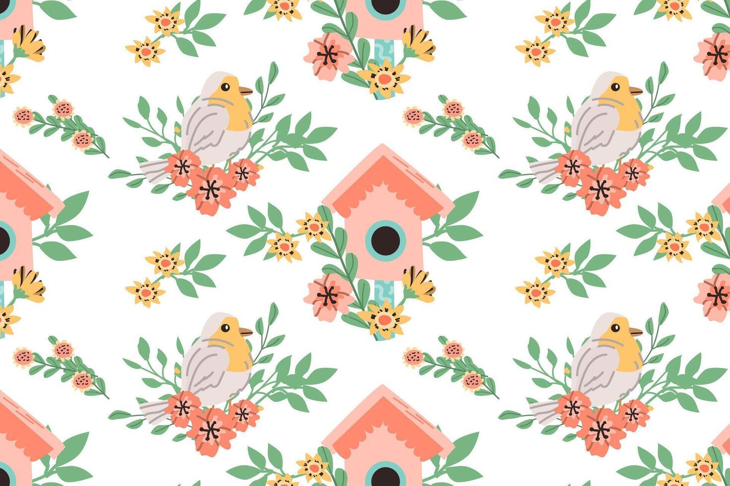 Hand gezeichnet Frühling Vogel Robin und Vogelhaus Muster mit Blumen- Elemente. Vektor Illustration isoliert. können benutzt zum Verpackung Papier, Textil, Kleidung. Gruß Karte, Tapeten.