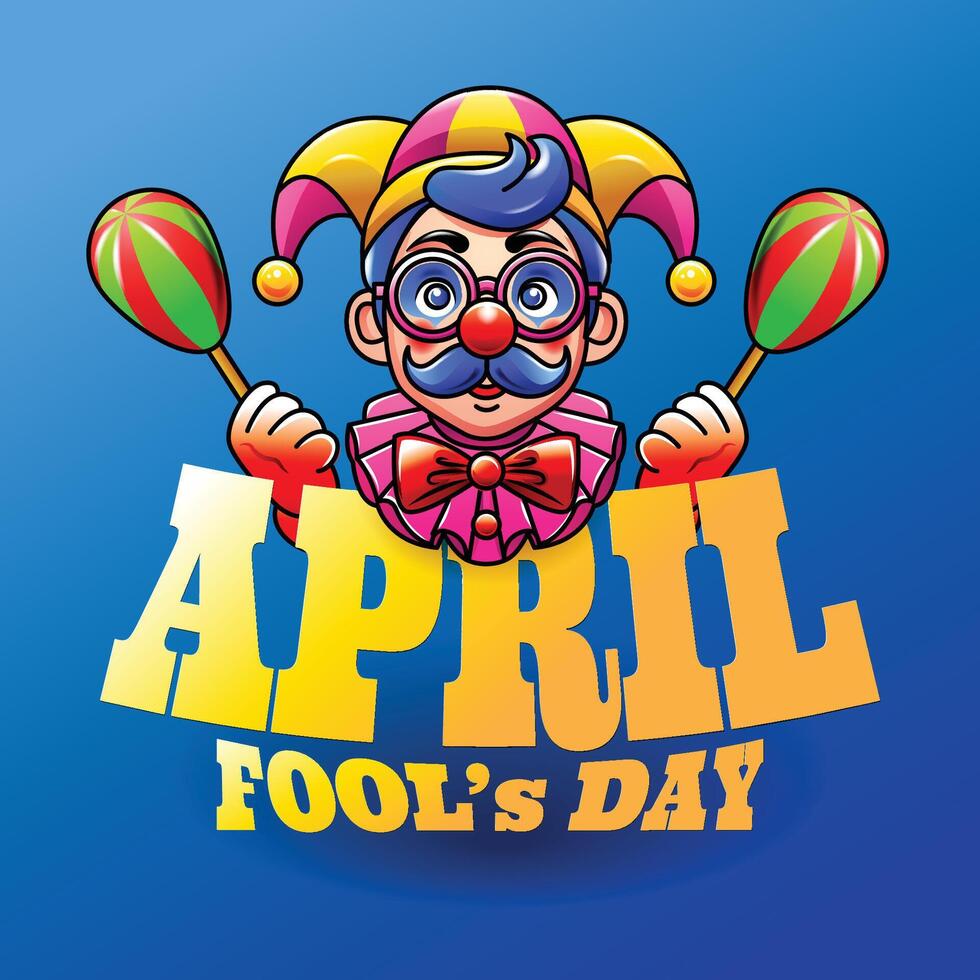 april dåre dag, clown karaktär, färgrik vektor illustration, platt design baner