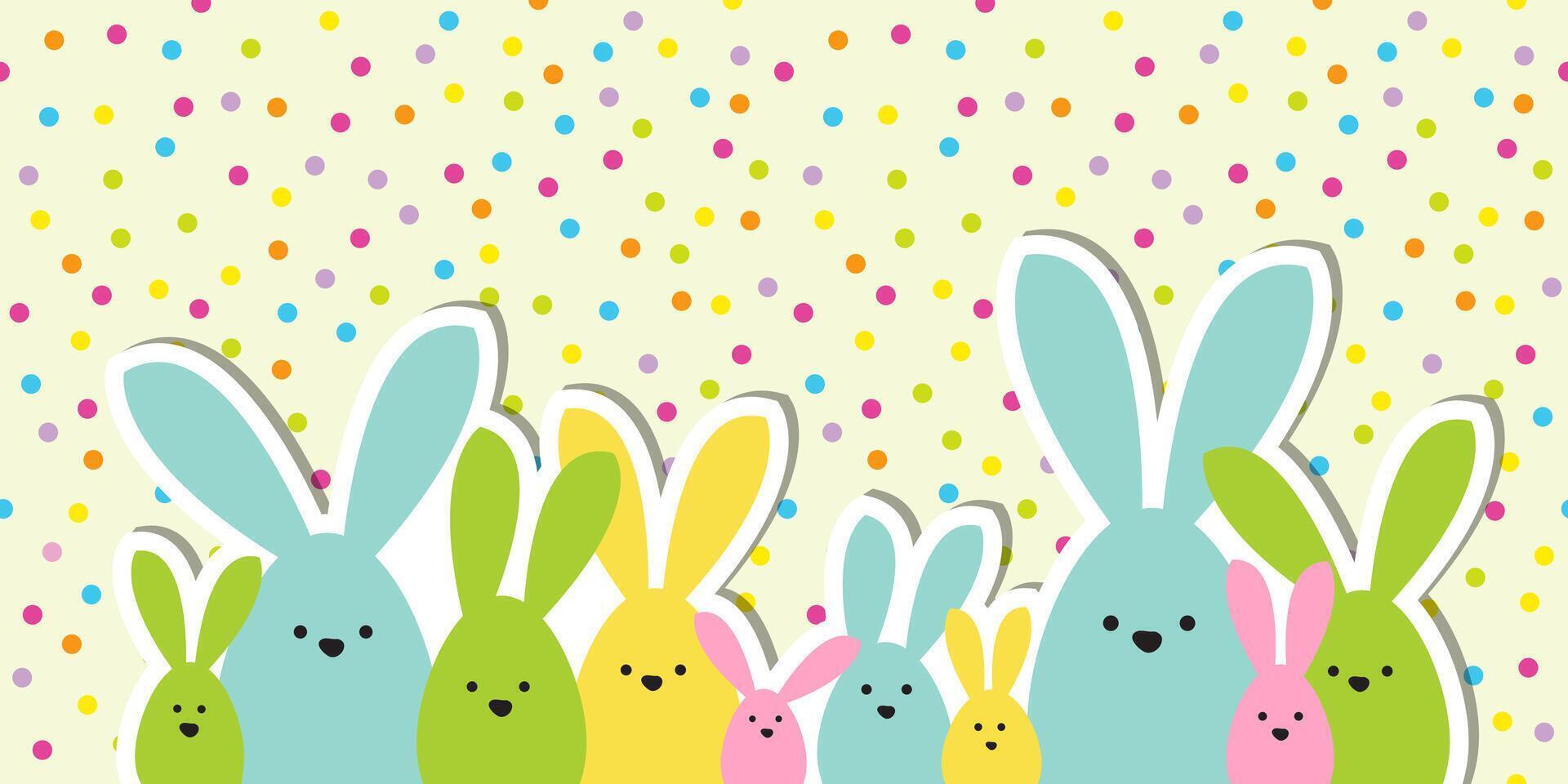 firande hälsning påsk kort, färgrik påsk kanin familj på polka punkt bakgrund vektor