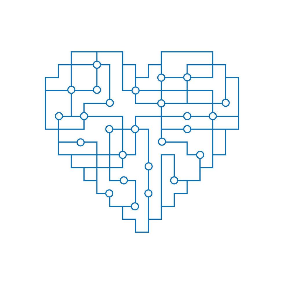 linear Schaltkreis Tafel mit Herz gestalten zum Liebe Technologie Metapher. Vektor Logo Illustration.