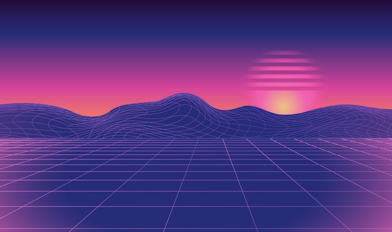 futuristisch retro Landschaft mit eben Gitter und Berge. Vektor futuristisch Illustration im retro 80er Jahre Stil. Digital retro Cyber Oberfläche. geeignet zum Design im das Stil von das 1980er Jahre.