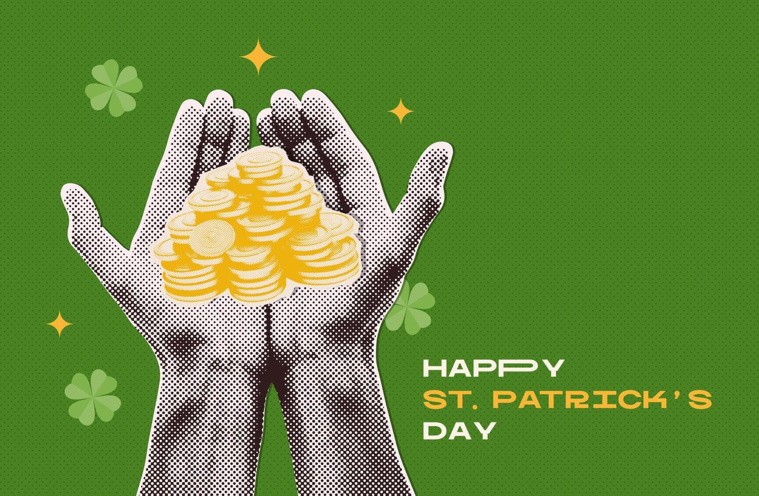 st Patricks dag hälsning baner eller kort med två händer innehav gyllene mynt. lugg av guld i mänsklig palmer i trendig halvton collage stil. y2k vektor illustration,