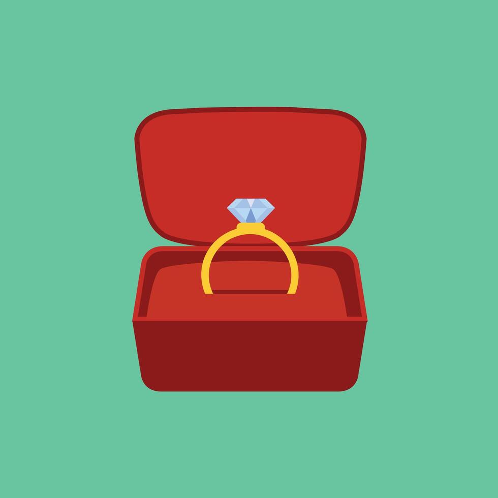 sammet låda med gyllene ringa bröllop symbol isolerat tecknad serie ikon. vektor kudde i röd fall av fyrkant form med engagemang ringa med diamant groddsten. guld Smycken dekorerad förbi lysande eller orubblig