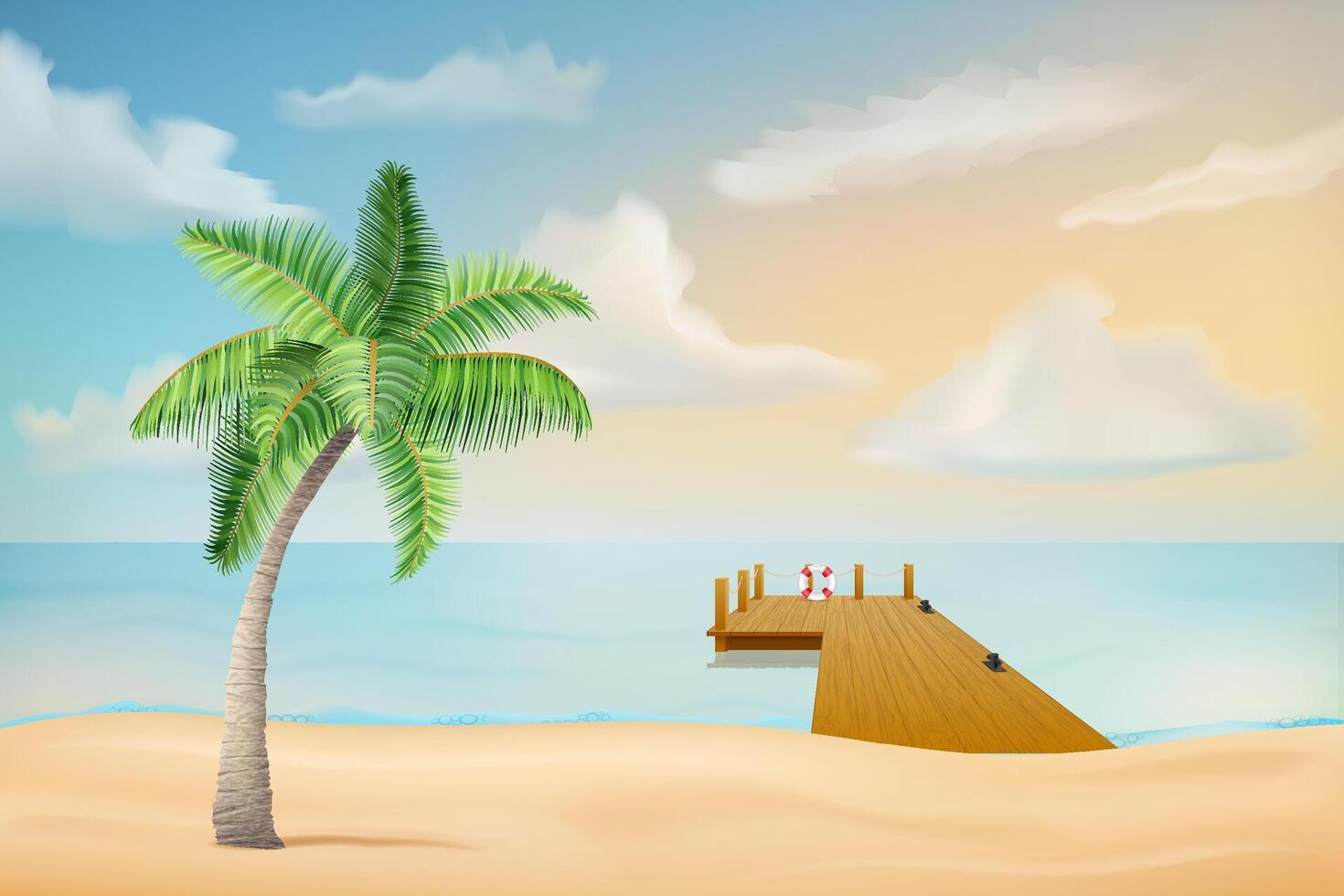 Seelandschaft mit Sand Strand Meer Wellen Himmel und Wolken Vektor Illustration isoliert auf Weiß Hintergrund