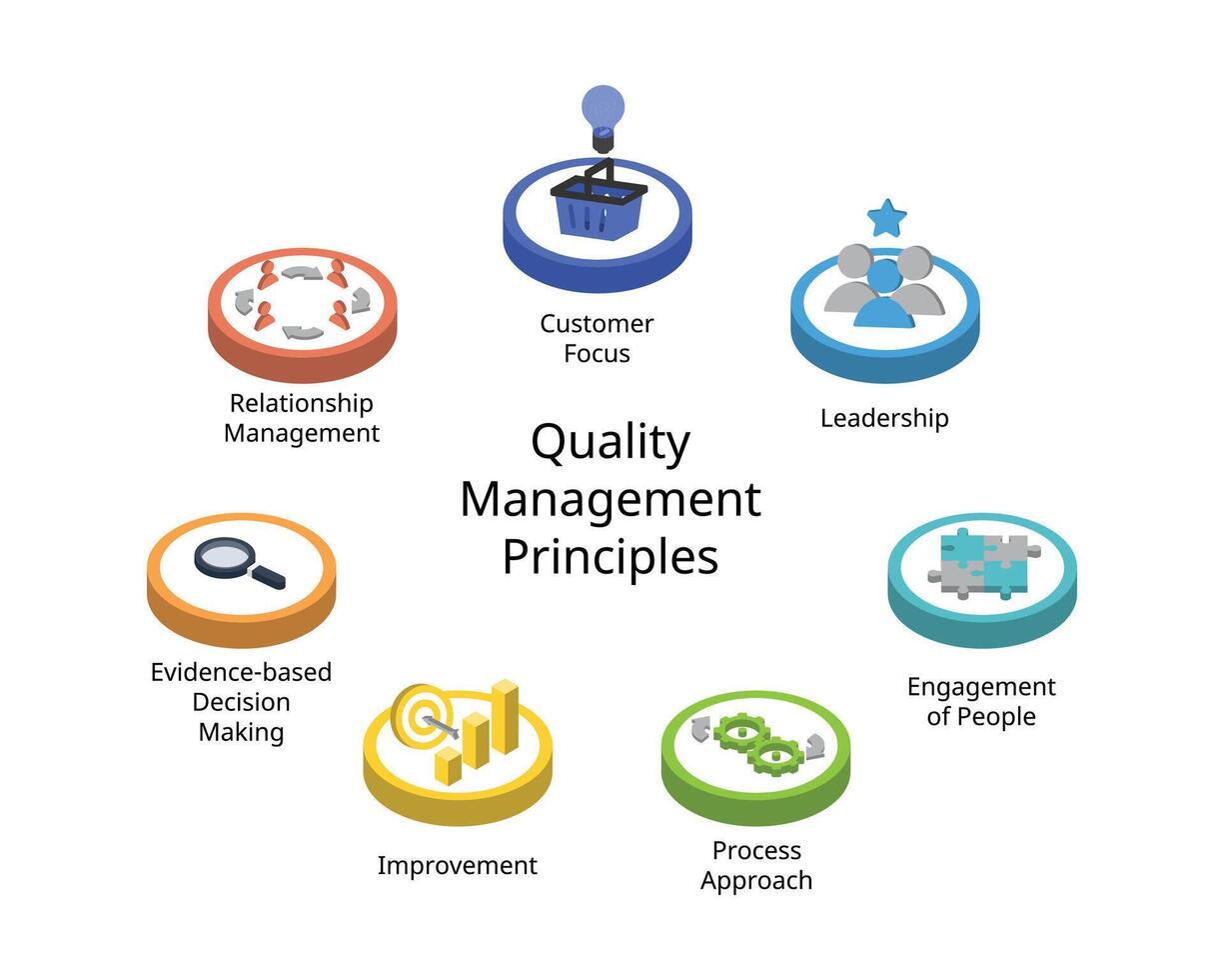 de 7 principer av kvalitet förvaltning av kund fokus, ledarskap, engagemang av människor, bearbeta närma sig, förbättring, bevisbaserat beslut tillverkning, relation förvaltning vektor