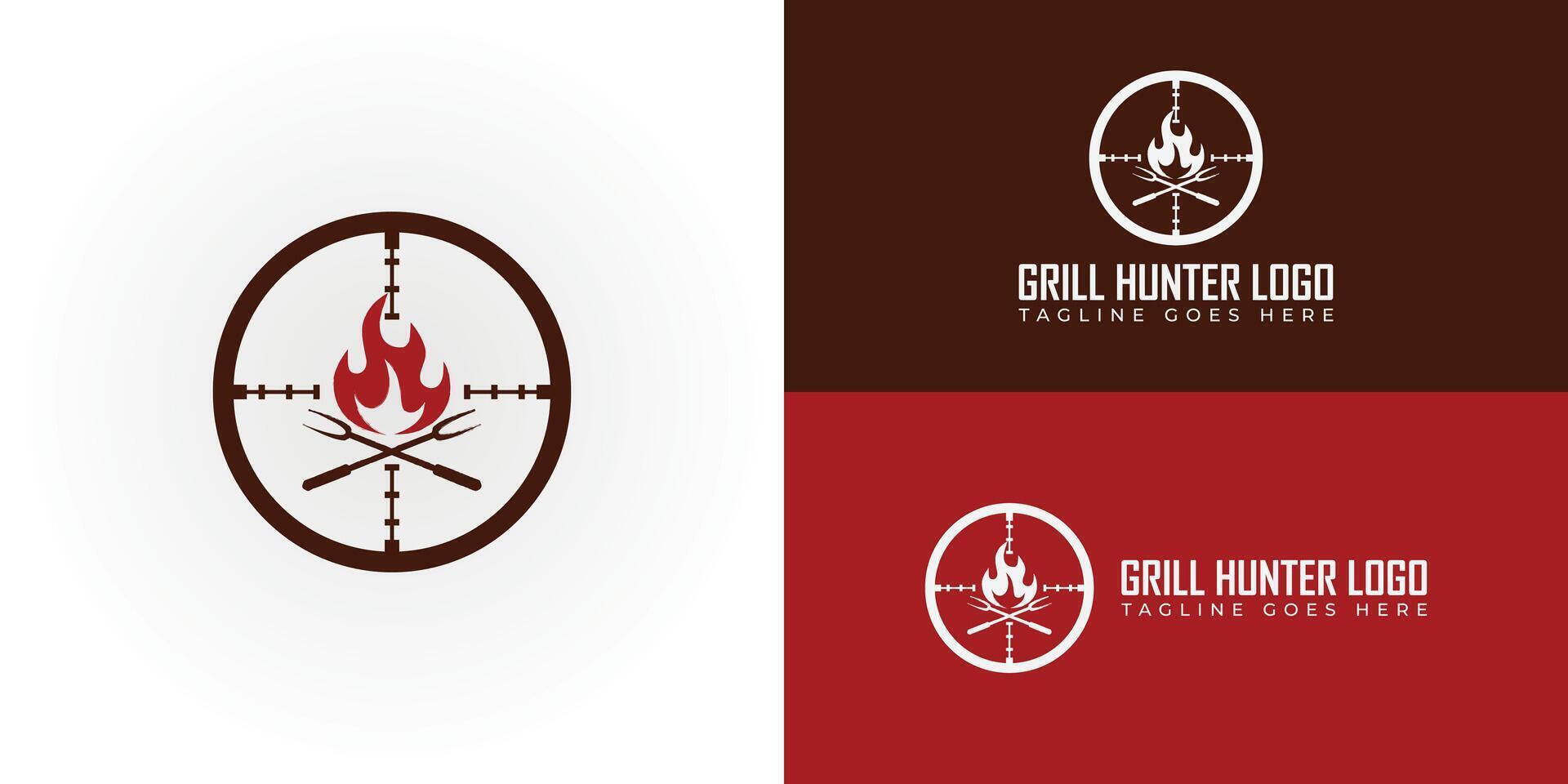 das Grill Jäger Logo angewendet zum das Grill und Grill Logo Design Inspiration vorgestellt mit mehrere Weiß und rot Hintergründe. das Logo ist geeignet zum Essen und Restaurant Geschäft Logo Design vektor