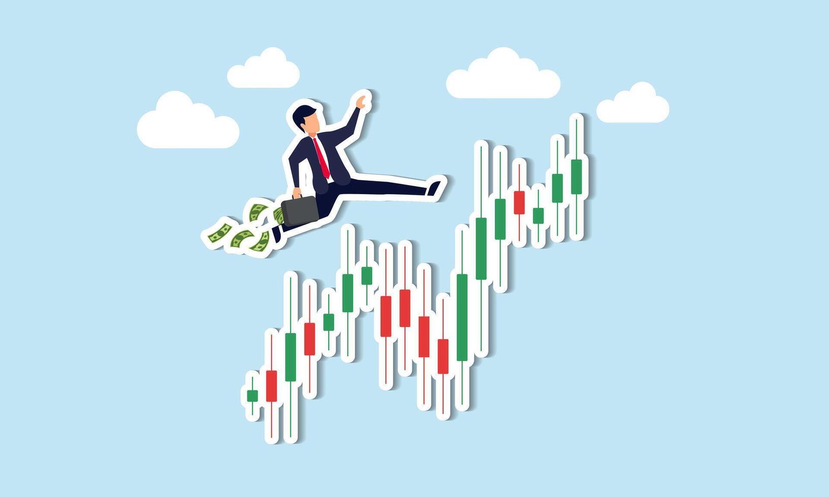 erfolgreich Händler profitieren von profitieren auf Lager Markt Wachstum, und dazugewinnen Reichtum durch Krypto Handel Konzept, Vertrauen Geschäftsmann Investor mit Geld Aktentasche Laufen auf Leuchter Graph. vektor