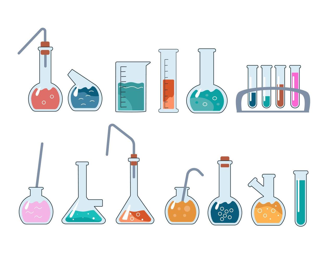 Schule Chemie Klasse transparent Glas Flaschen und erwidert, Glaswaren zum das chemisch Labor. chemisch Ausrüstung zum Experimente. Vektor Illustration im ein eben Stil.