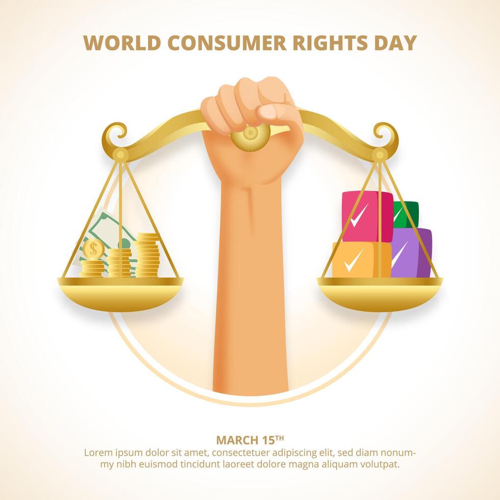 fyrkant värld konsument rättigheter dag bakgrund med en hand innehav skalor vektor