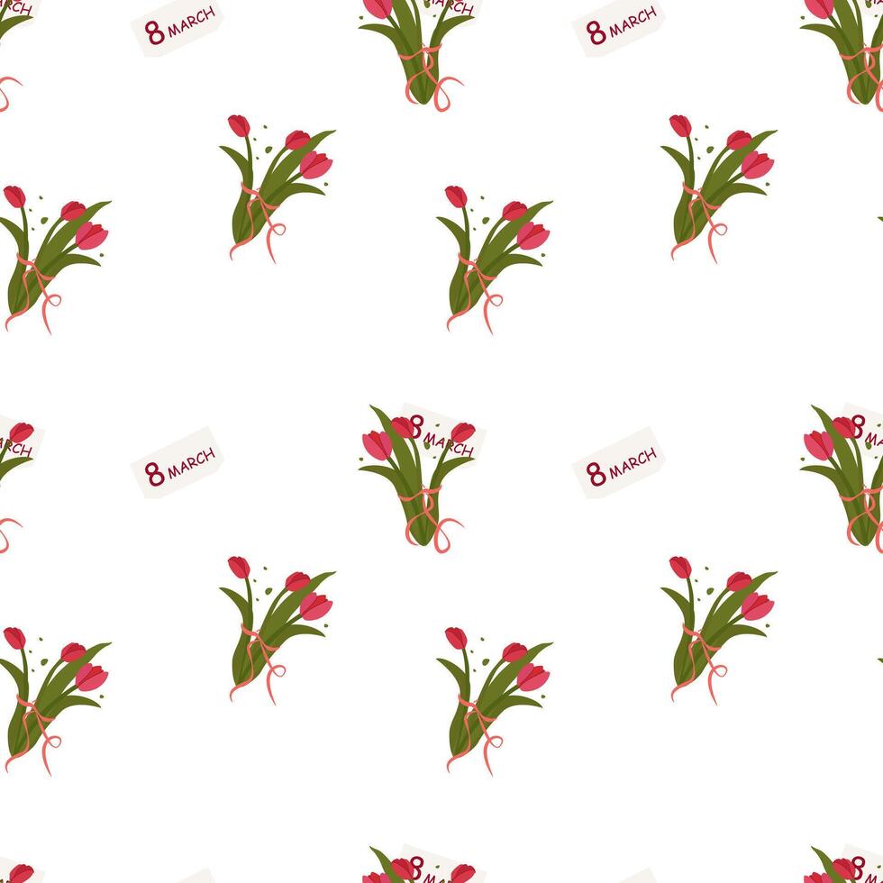 sömlös mönster bukett av tulpaner. röd tulpaner. internationell kvinnors dag. Lycklig kvinnors dag. Mars 8:a. vektor illustration