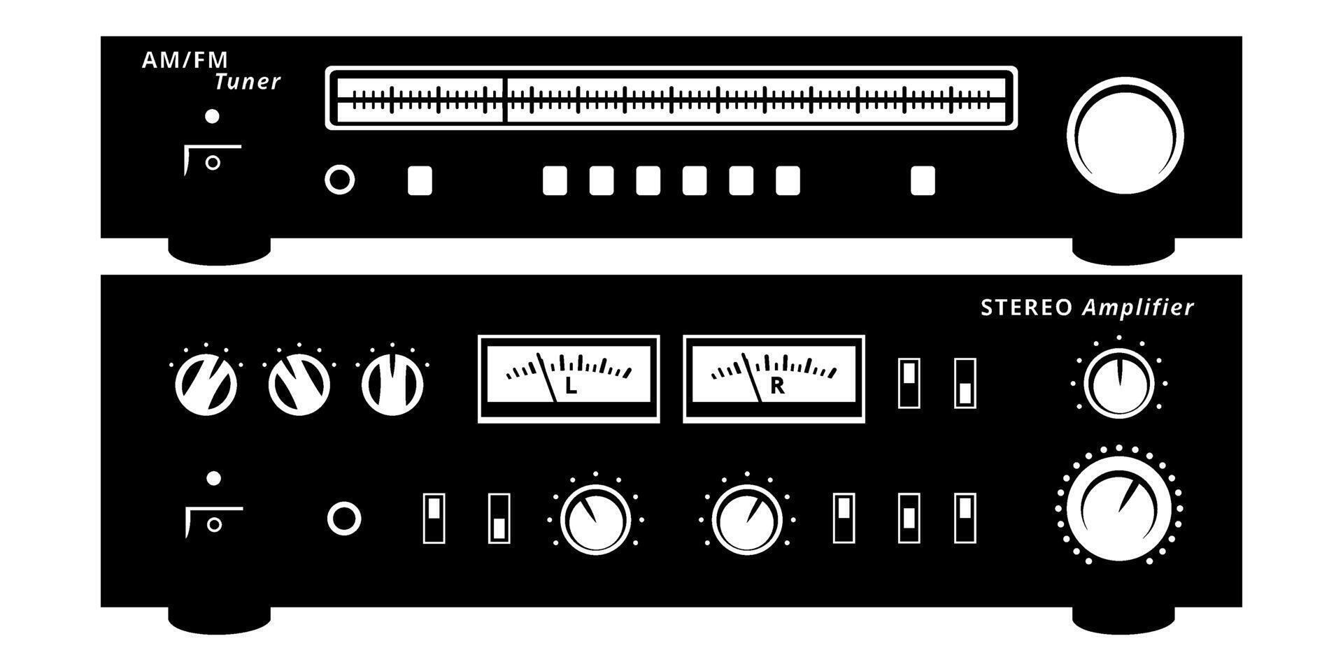 Radio Tuner und Stereo Verstärker Silhouetten Satz. Jahrgang analog Audio- Ausrüstung. Vektor Cliparts isoliert auf Weiß.