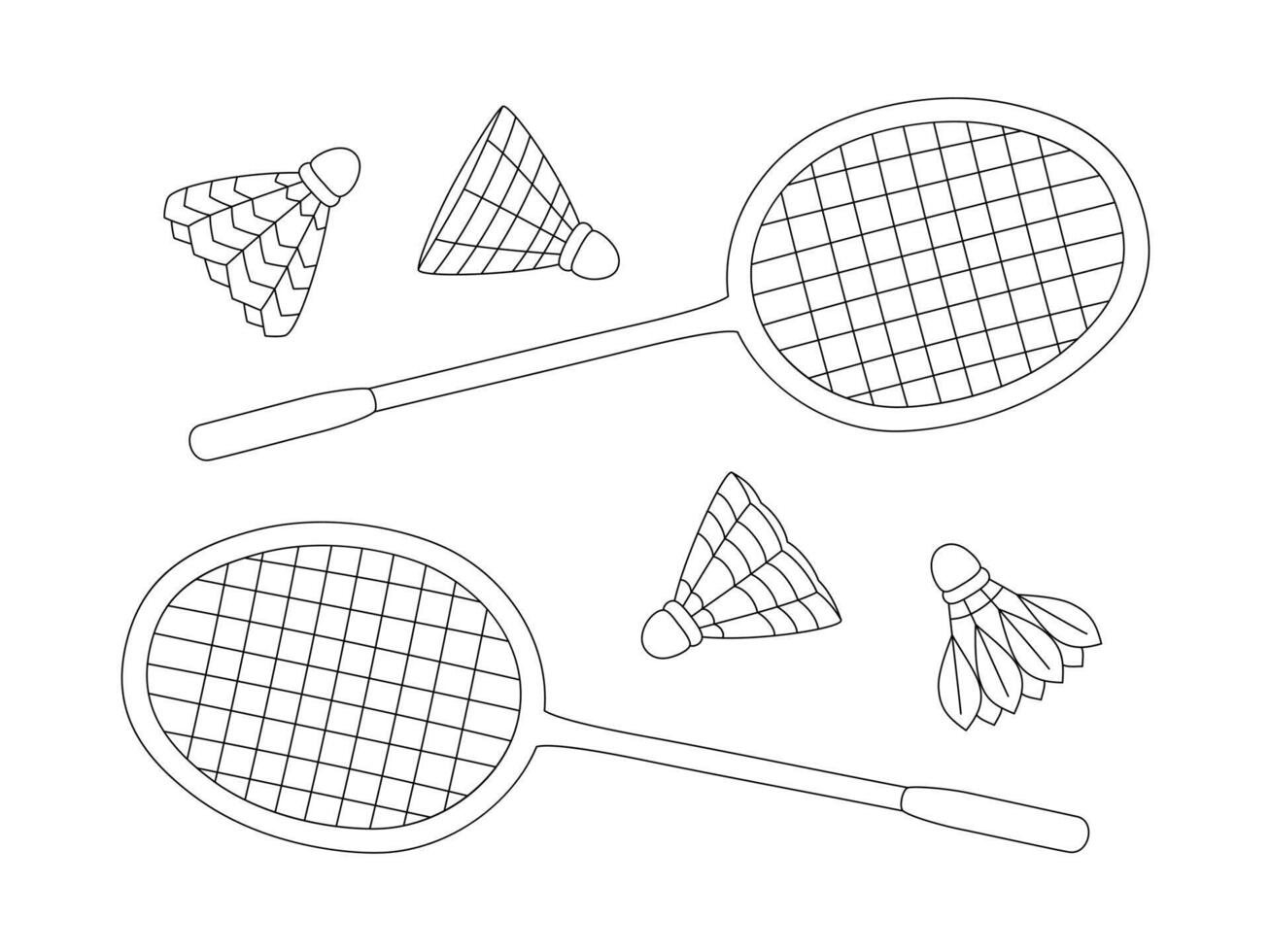 Badminton Schläger und anders Federbälle im Linie Stil. Badminton Sport Spiel Ausrüstung. Vektor Illustration isoliert auf Weiß Hintergrund