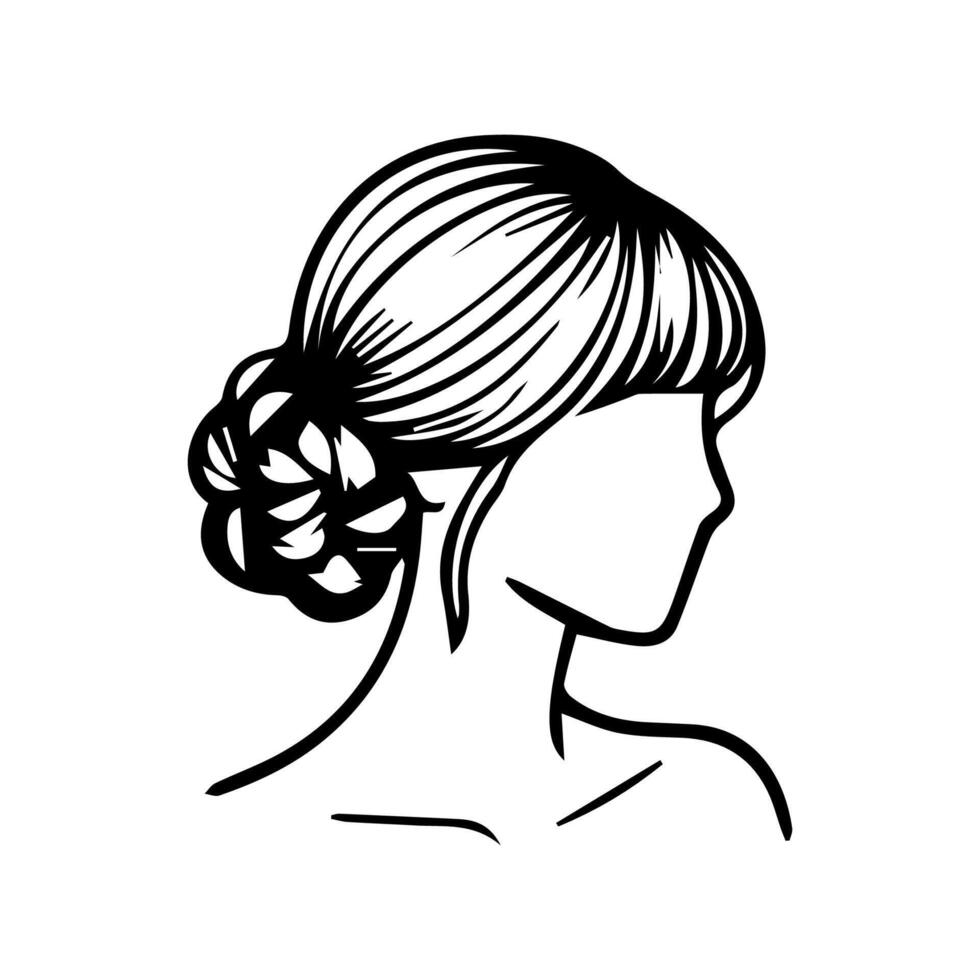 Frau Kopf Silhouette, Gesicht Profil, Vignette. Hand gezeichnet Vektor Illustration, isoliert auf Weiß Hintergrund. Design zum Einladung, Gruß Karte, Jahrgang Stil.