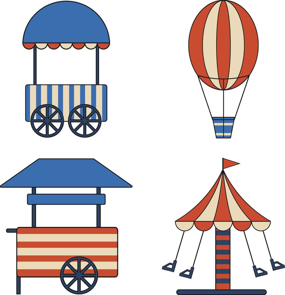 Karneval Zirkus Ausrüstung. mit Jahrgang Karikatur Stil. isoliert auf Weiß Hintergrund. Vektor Illustration