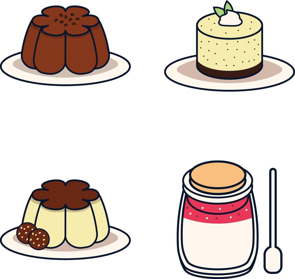 Süss Pudding Dessert mit verschiedene Belag und Creme. Vektor Symbole