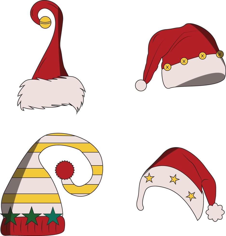 samling av annorlunda jul santa hatt. med enkel tecknad serie design. vektor illustration