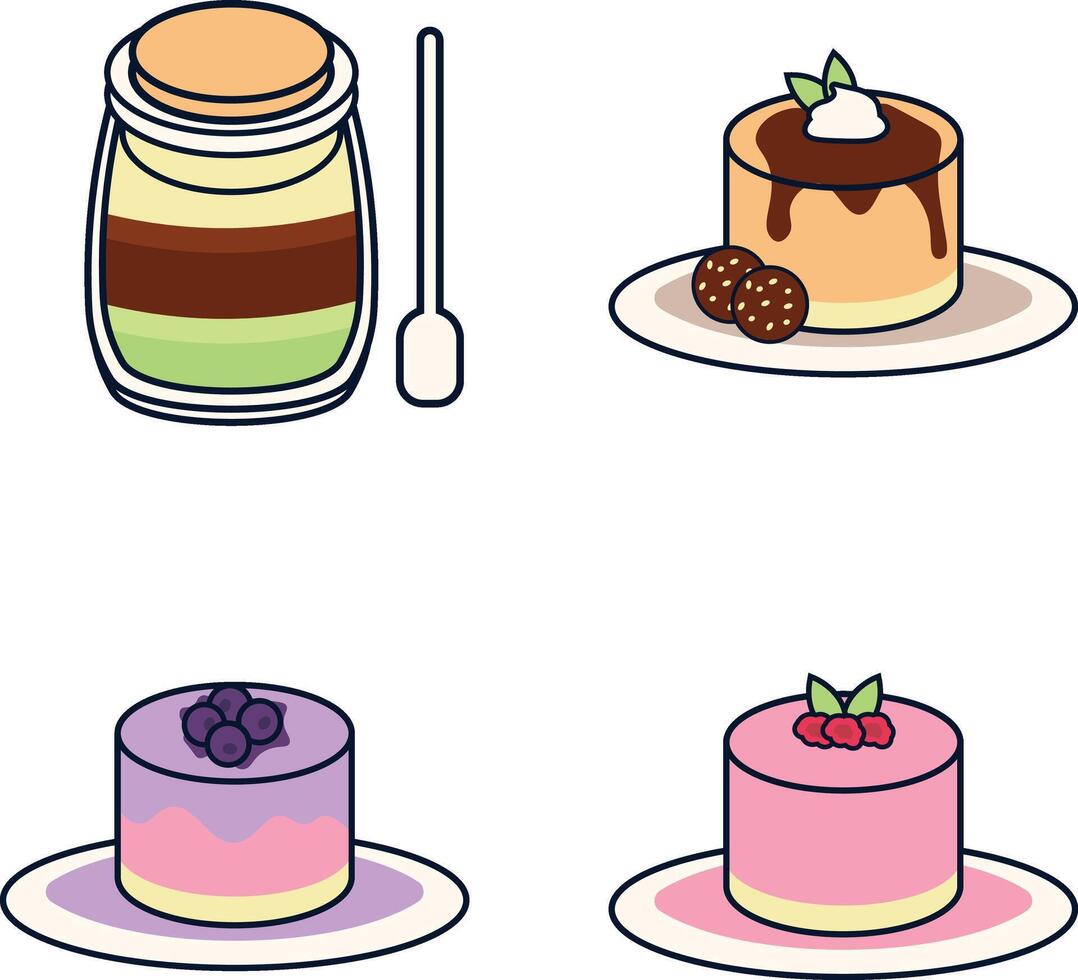 Süss Pudding Dessert mit verschiedene Belag und Creme. Vektor Symbole