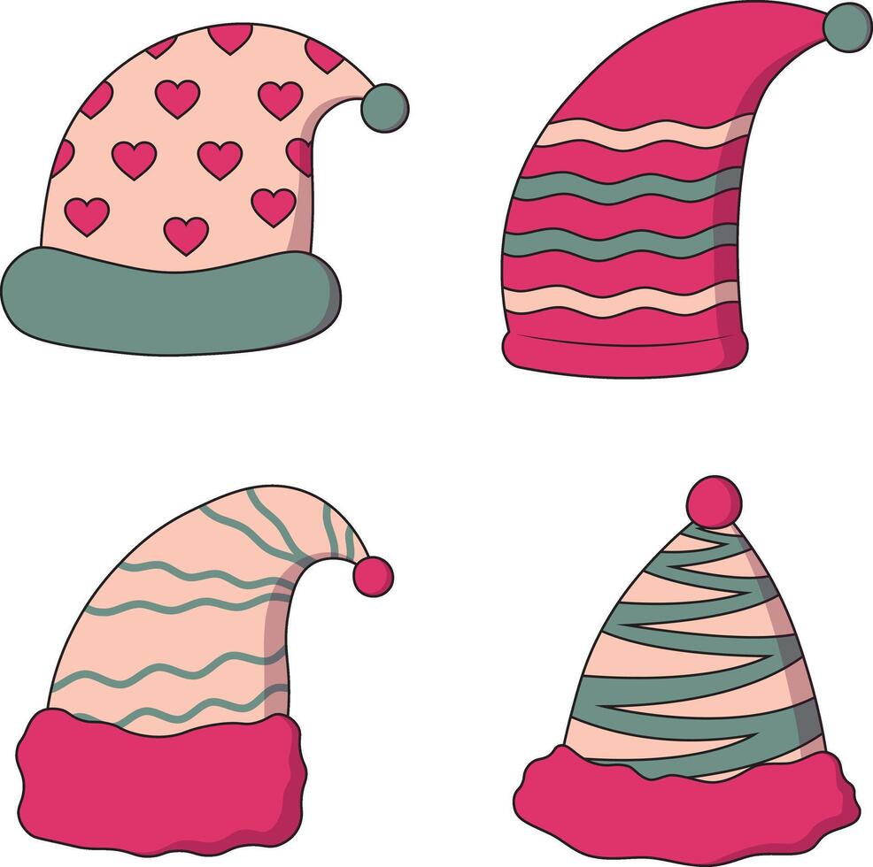 jul santa hatt illustration uppsättning. platt tecknad serie design. isolerat på vit bakgrund vektor